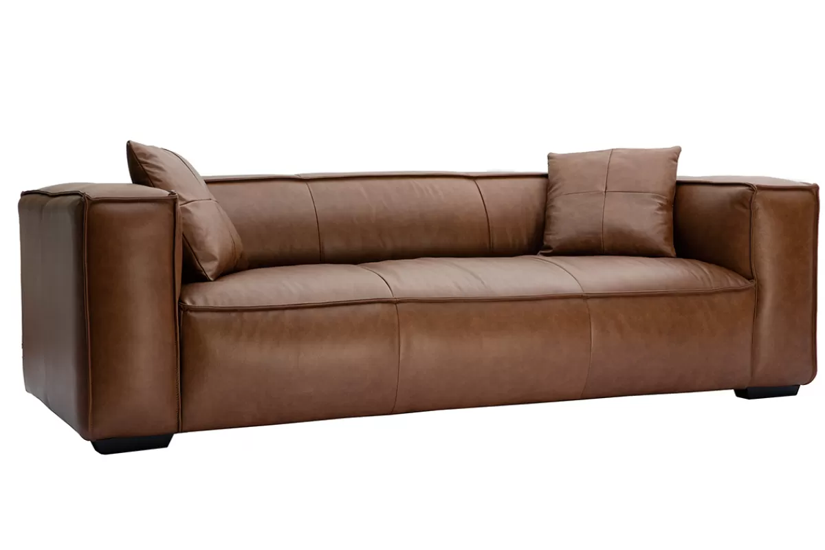 Miliboo Canapé vintage 3 places cuir marron et bois noir COBAIN