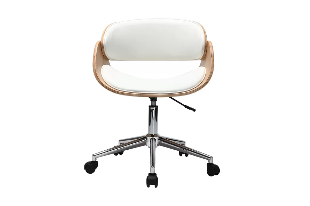 Miliboo Chaise de bureau à roulettes design blanc, bois clair et acier chromé BENT