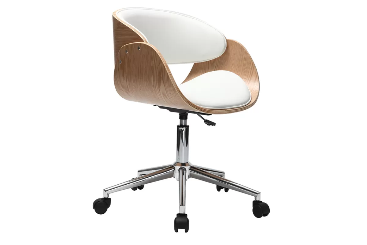 Miliboo Chaise de bureau à roulettes design blanc, bois clair et acier chromé BENT