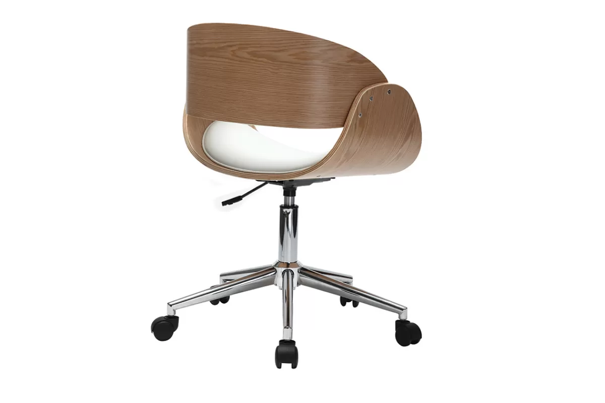 Miliboo Chaise de bureau à roulettes design blanc, bois clair et acier chromé BENT