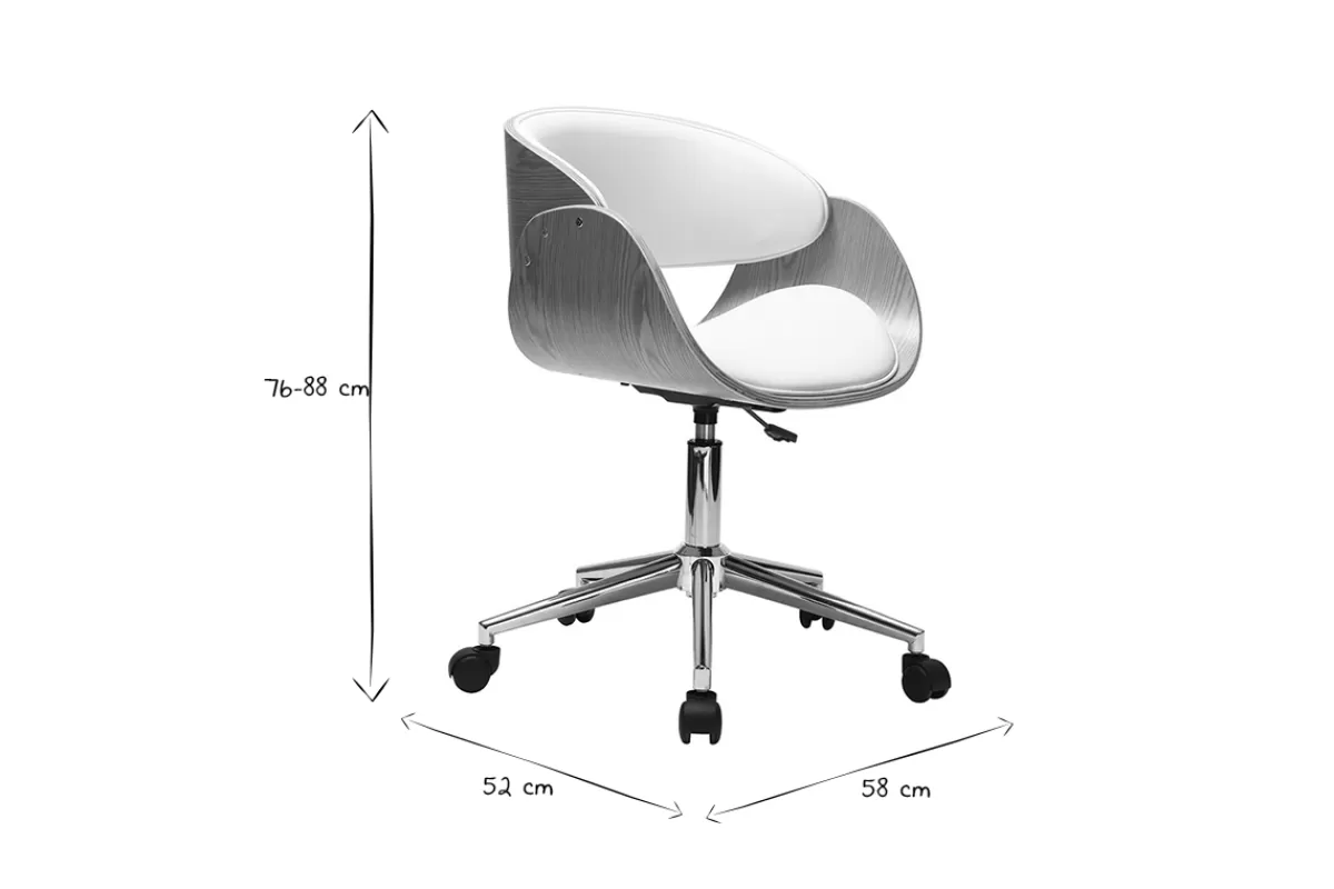 Miliboo Chaise de bureau à roulettes design blanc, bois clair et acier chromé BENT