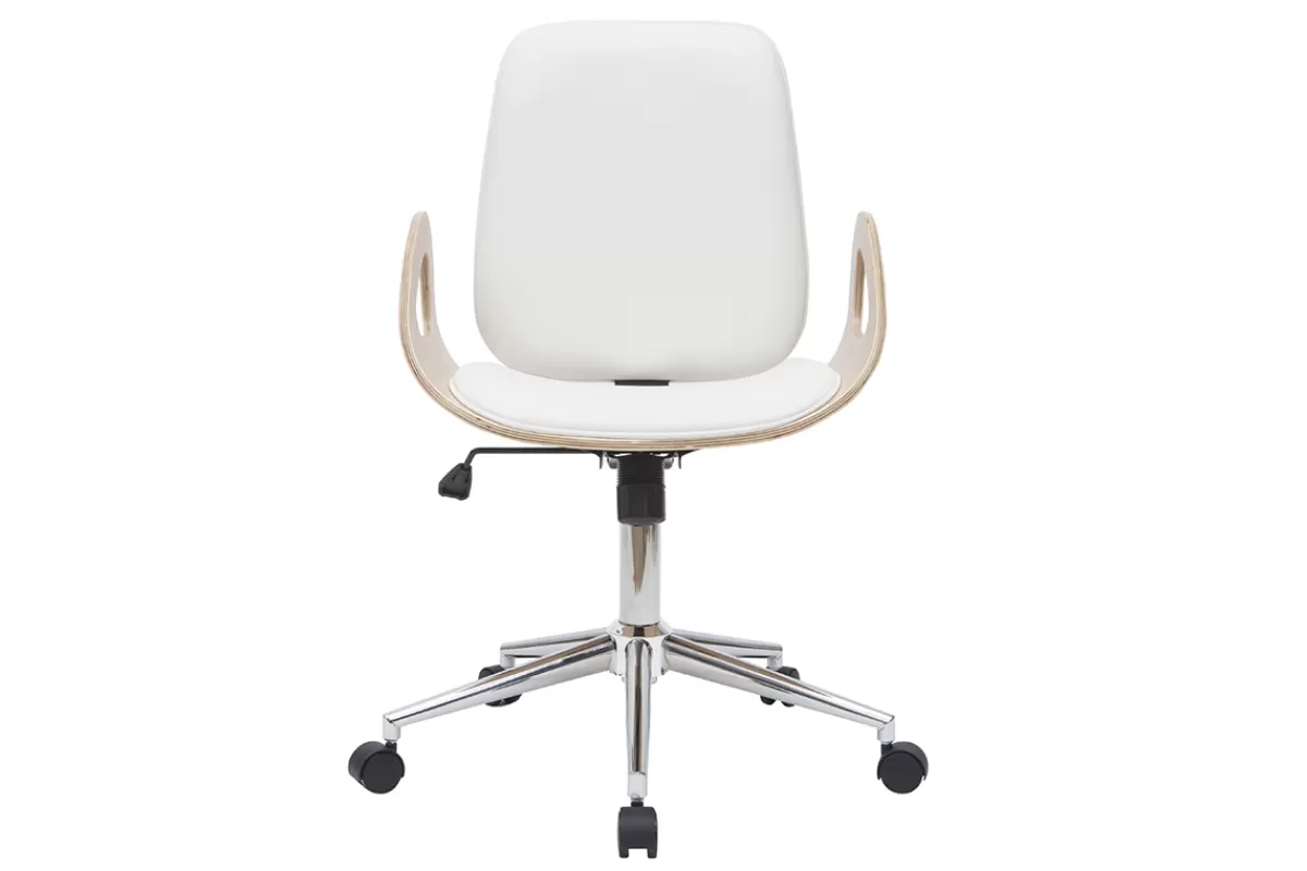 Miliboo Chaise de bureau à roulettes design blanc, bois clair et acier chromé GLORY