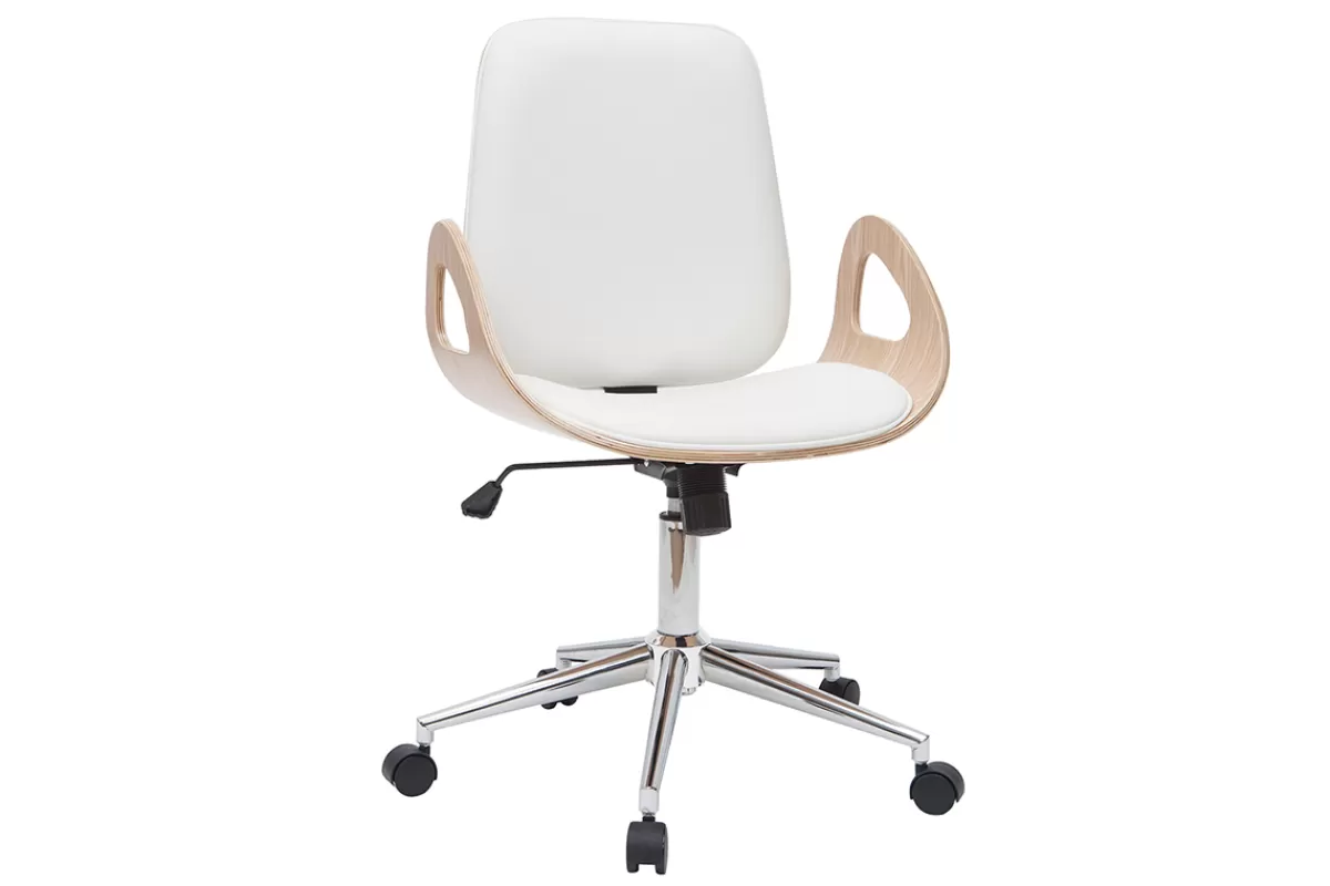 Miliboo Chaise de bureau à roulettes design blanc, bois clair et acier chromé GLORY