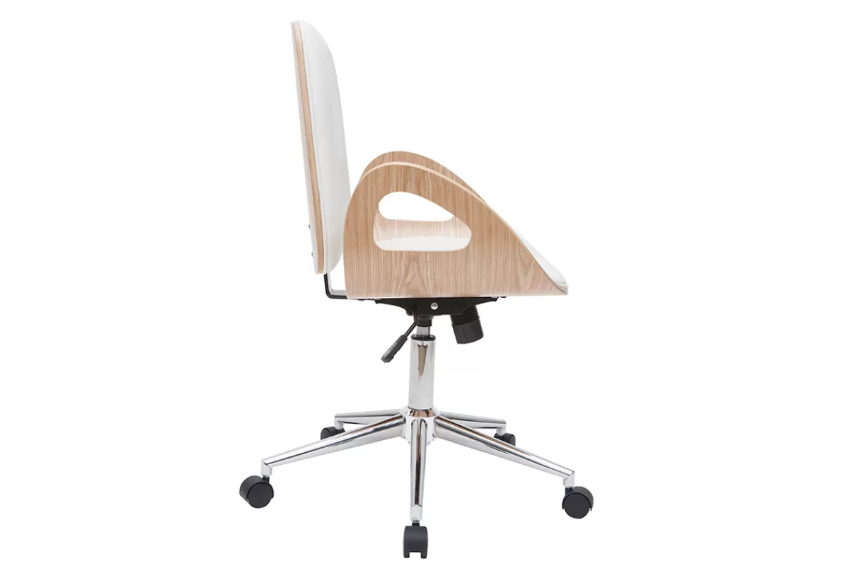 Miliboo Chaise de bureau à roulettes design blanc, bois clair et acier chromé GLORY