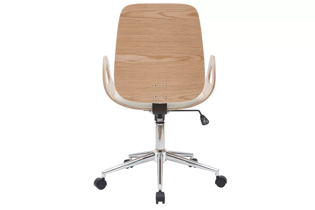 Miliboo Chaise de bureau à roulettes design blanc, bois clair et acier chromé GLORY