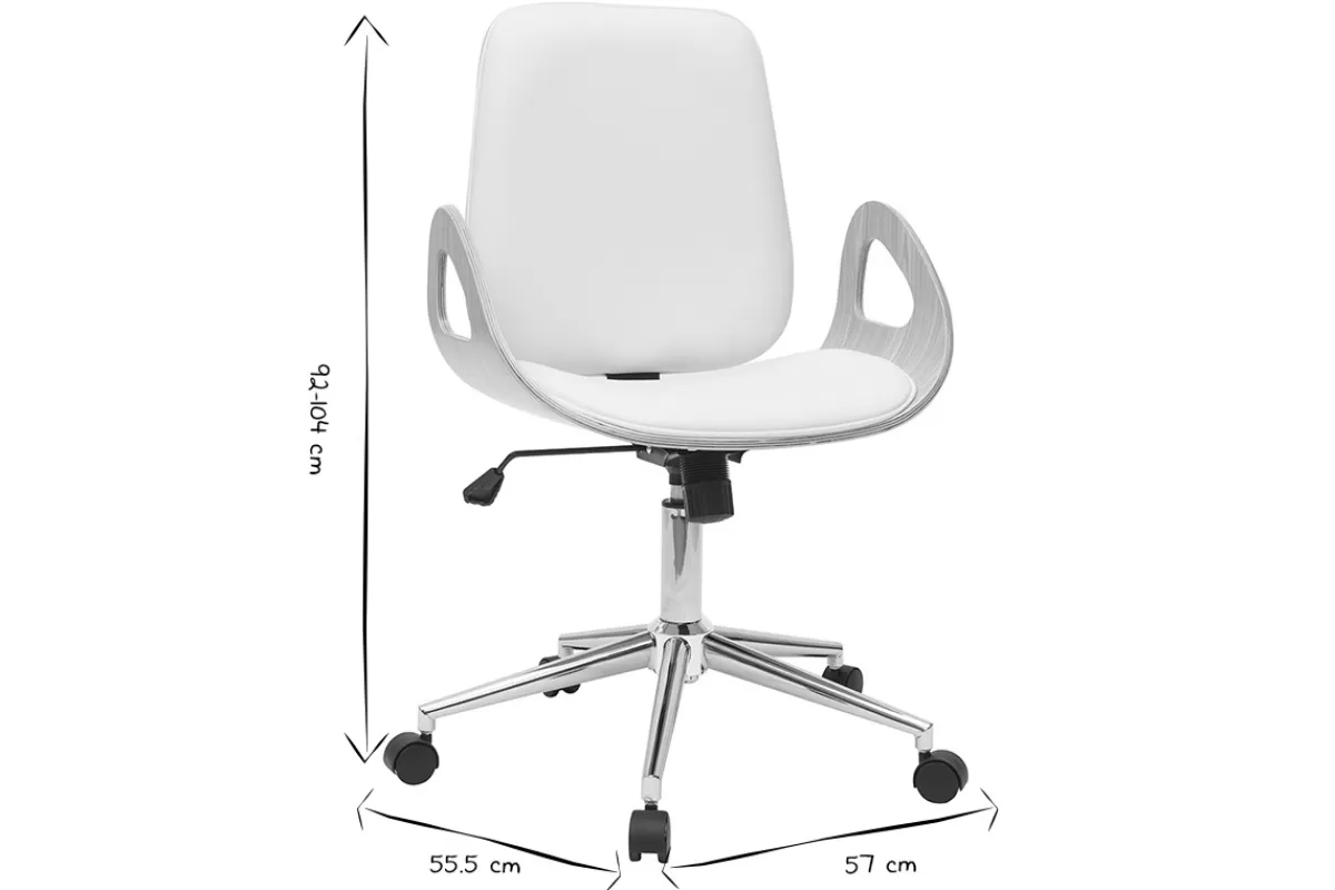 Miliboo Chaise de bureau à roulettes design blanc, bois clair et acier chromé GLORY