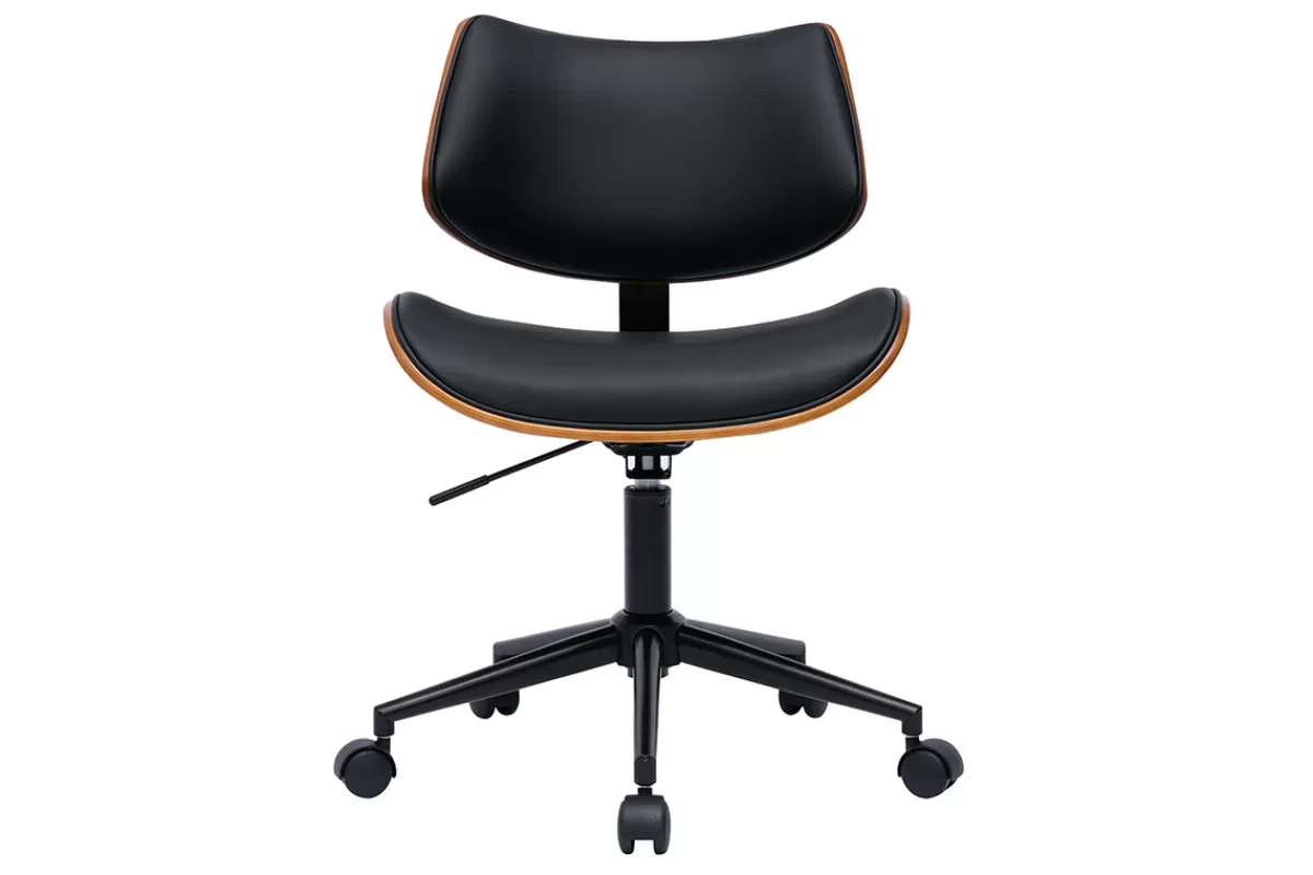Miliboo Chaise de bureau à roulettes design noir, bois foncé noyer et métal noir MALMO