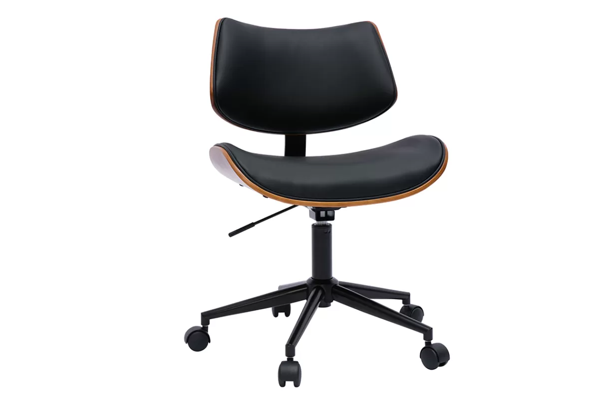 Miliboo Chaise de bureau à roulettes design noir, bois foncé noyer et métal noir MALMO
