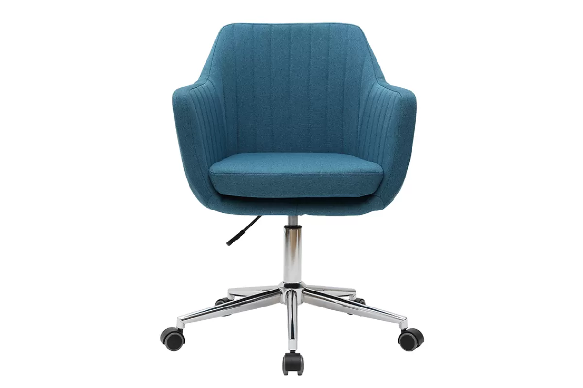 Miliboo Chaise de bureau à roulettes en tissu bleu canard et acier chromé ALEYNA