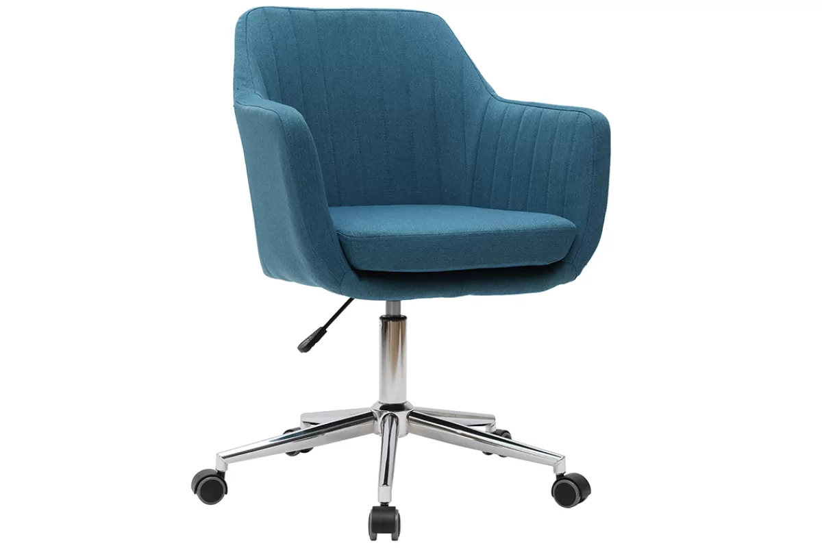 Miliboo Chaise de bureau à roulettes en tissu bleu canard et acier chromé ALEYNA
