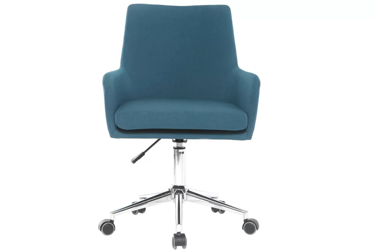 Miliboo Chaise de bureau à roulettes en tissu bleu canard et acier chromé SHANA