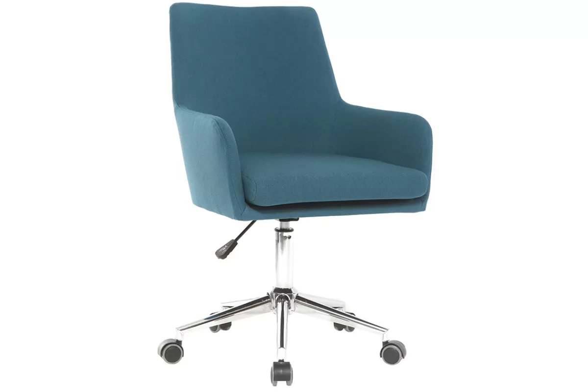 Miliboo Chaise de bureau à roulettes en tissu bleu canard et acier chromé SHANA