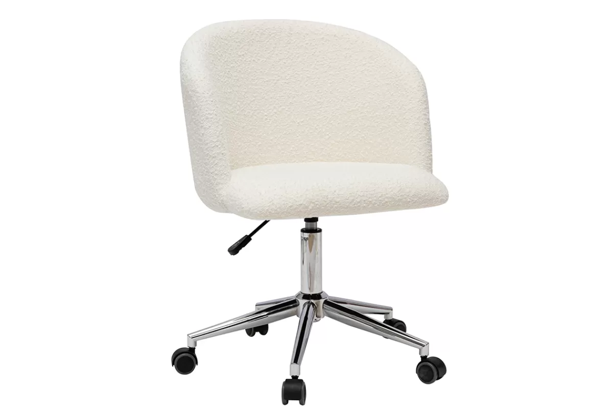 Miliboo Chaise de bureau à roulettes en tissu effet laine bouclée blanc cassé et acier chromé VANITY