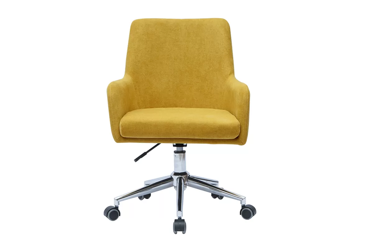 Miliboo Chaise de bureau à roulettes en tissu effet velours jaune moutarde et acier chromé SHANA