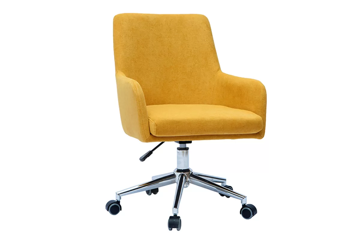 Miliboo Chaise de bureau à roulettes en tissu effet velours jaune moutarde et acier chromé SHANA