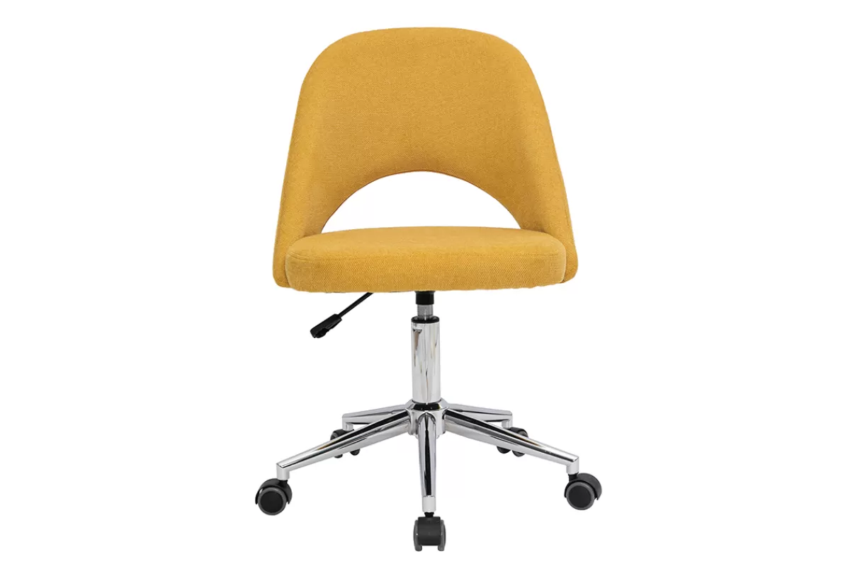 Miliboo Chaise de bureau à roulettes en tissu effet velours texturé jaune moutarde et acier chromé COSETTE