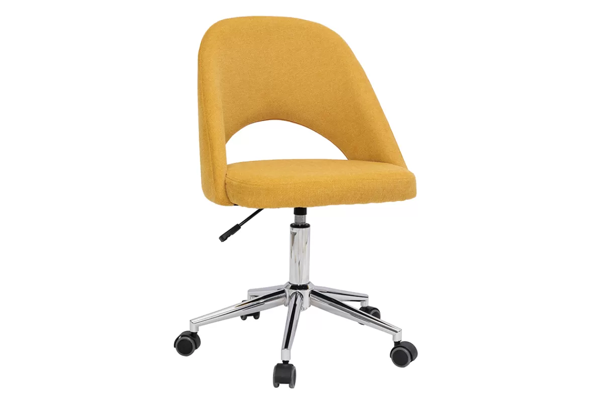Miliboo Chaise de bureau à roulettes en tissu effet velours texturé jaune moutarde et acier chromé COSETTE