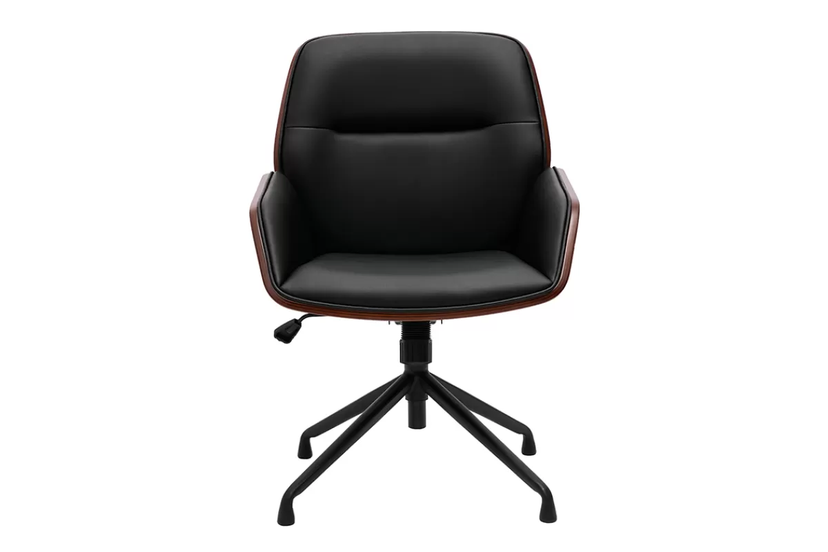 Miliboo Chaise de bureau design pivotante 360° noir, bois foncé et métal noir MARLOW