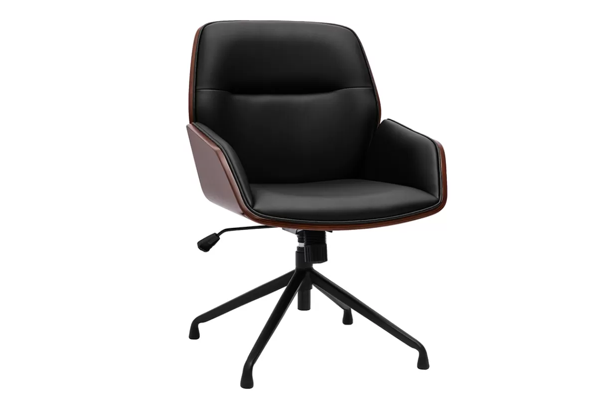 Miliboo Chaise de bureau design pivotante 360° noir, bois foncé et métal noir MARLOW