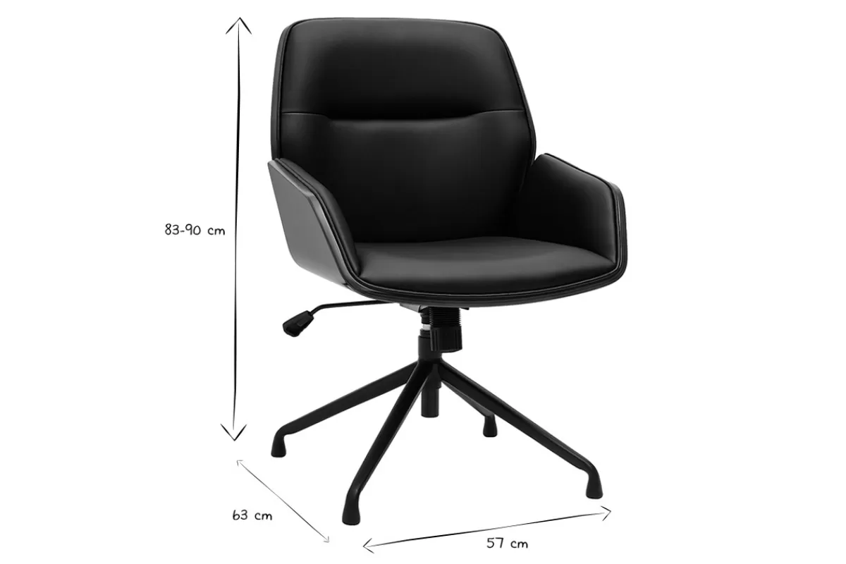 Miliboo Chaise de bureau design pivotante 360° noir, bois foncé et métal noir MARLOW
