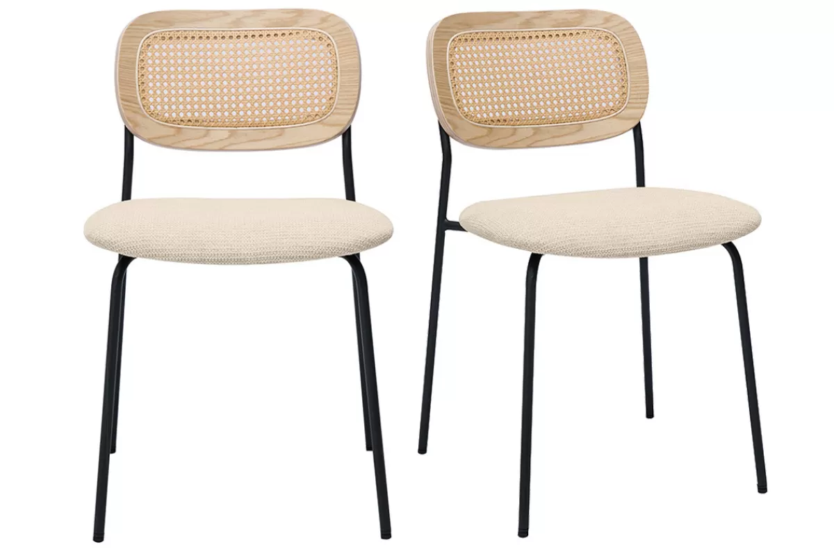 Miliboo Chaises design en tissu effet velours texturé beige, métal noir et cannage rotin (lot de 2) MIRANDA