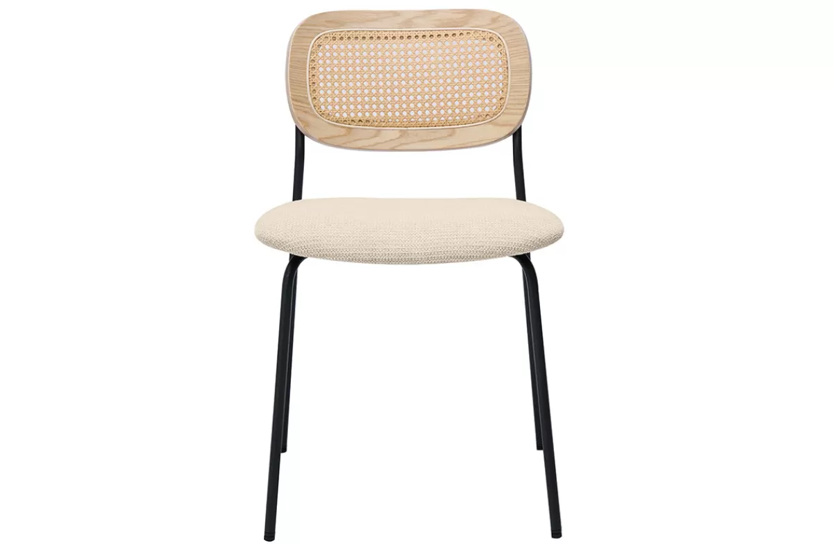Miliboo Chaises design en tissu effet velours texturé beige, métal noir et cannage rotin (lot de 2) MIRANDA