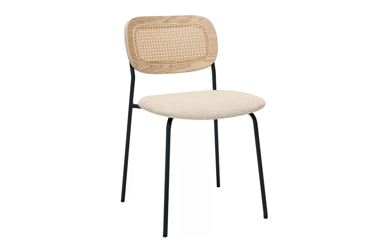 Miliboo Chaises design en tissu effet velours texturé beige, métal noir et cannage rotin (lot de 2) MIRANDA