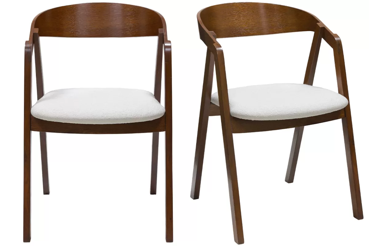 Miliboo Chaises vintage empilables en bois teinté noyer et tissu effet laine bouclée blanc (lot de 2) LOVA