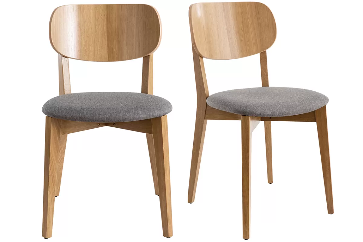 Miliboo Chaises vintage en bois clair chêne et tissu gris clair (lot de 2) LUCIA