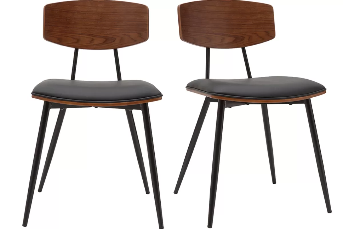 Miliboo Chaises vintage en bois foncé noyer assises noires et métal noir (lot de 2) JOLINE