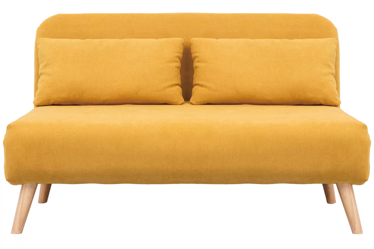 Miliboo Chauffeuse 2 places convertible en tissu effet velours moutarde et bois clair AMIKO