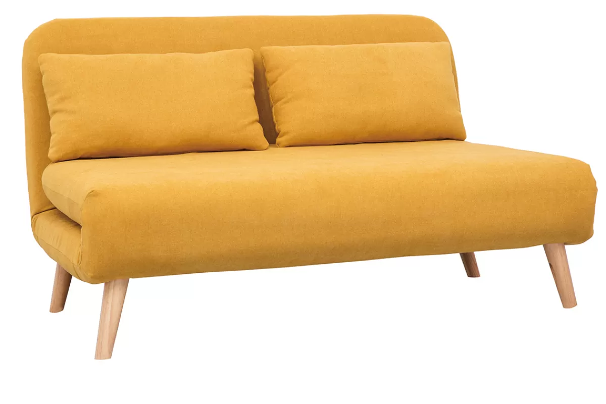 Miliboo Chauffeuse 2 places convertible en tissu effet velours moutarde et bois clair AMIKO