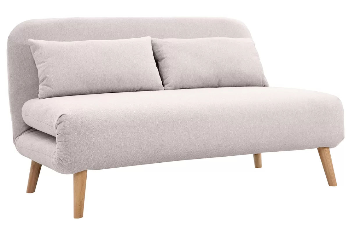 Miliboo Chauffeuse 2 places convertible en tissu effet velours texturé beige et bois clair AMIKO