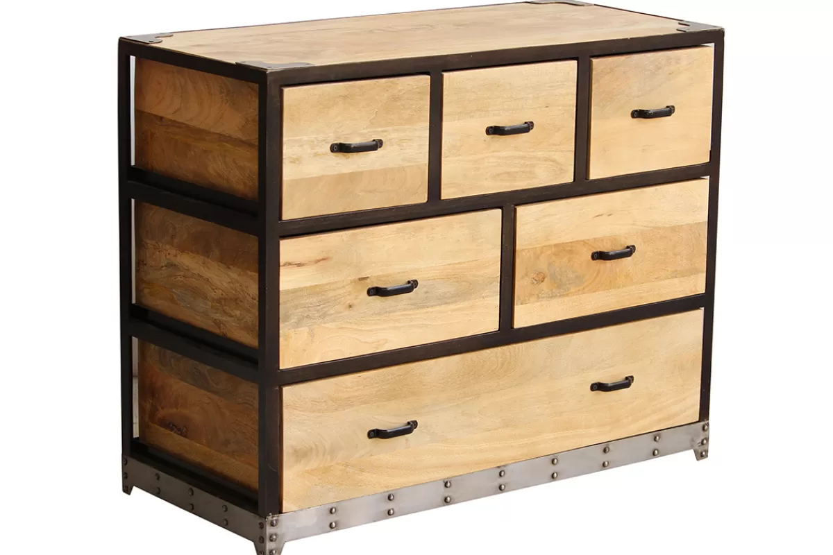 Miliboo Commode industrielle en bois manguier massif et métal noir 6 tiroirs L99 cm INDUSTRIA