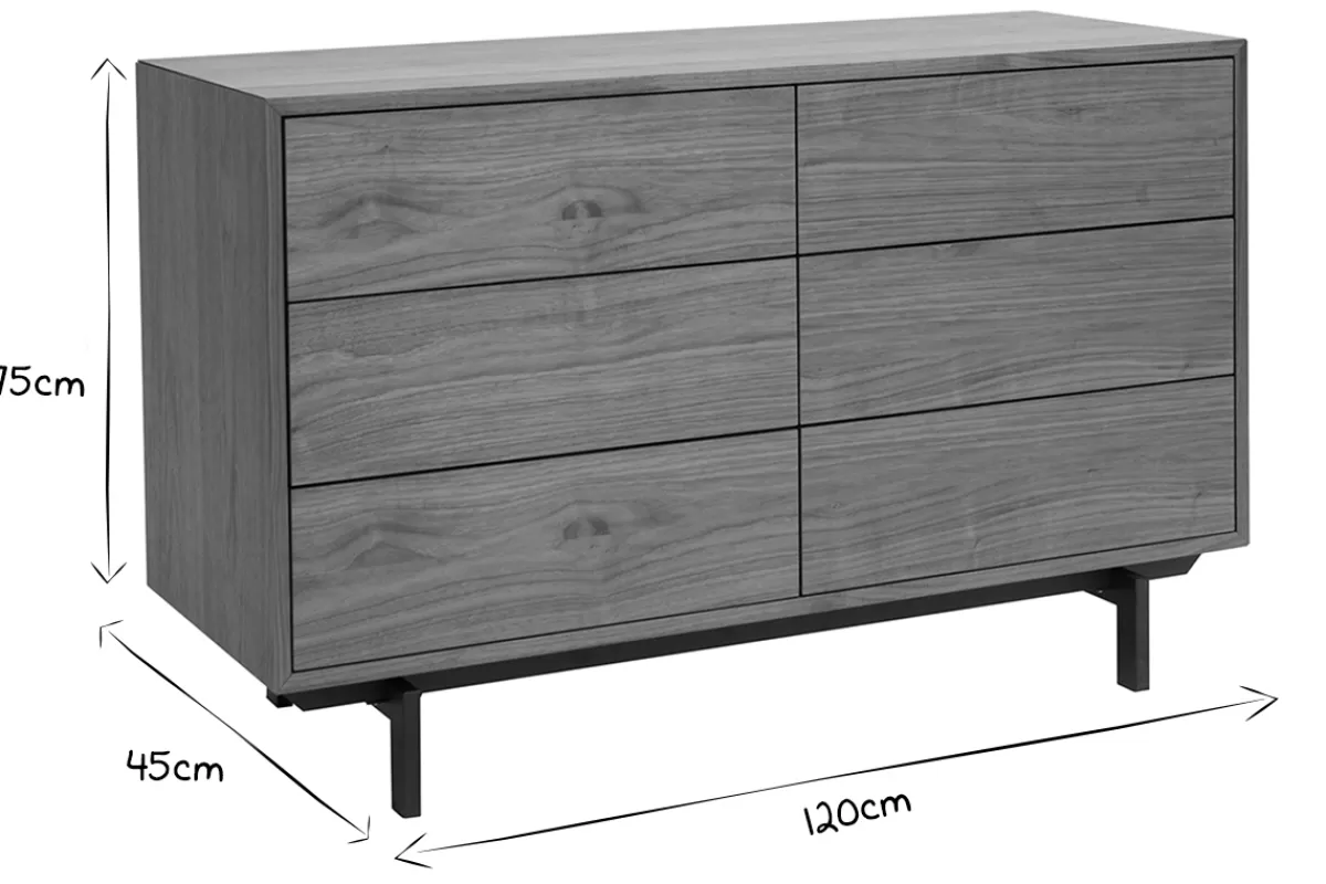 Miliboo Commode vintage bois foncé noyer et métal noir 6 tiroirs L120 cm MANNY