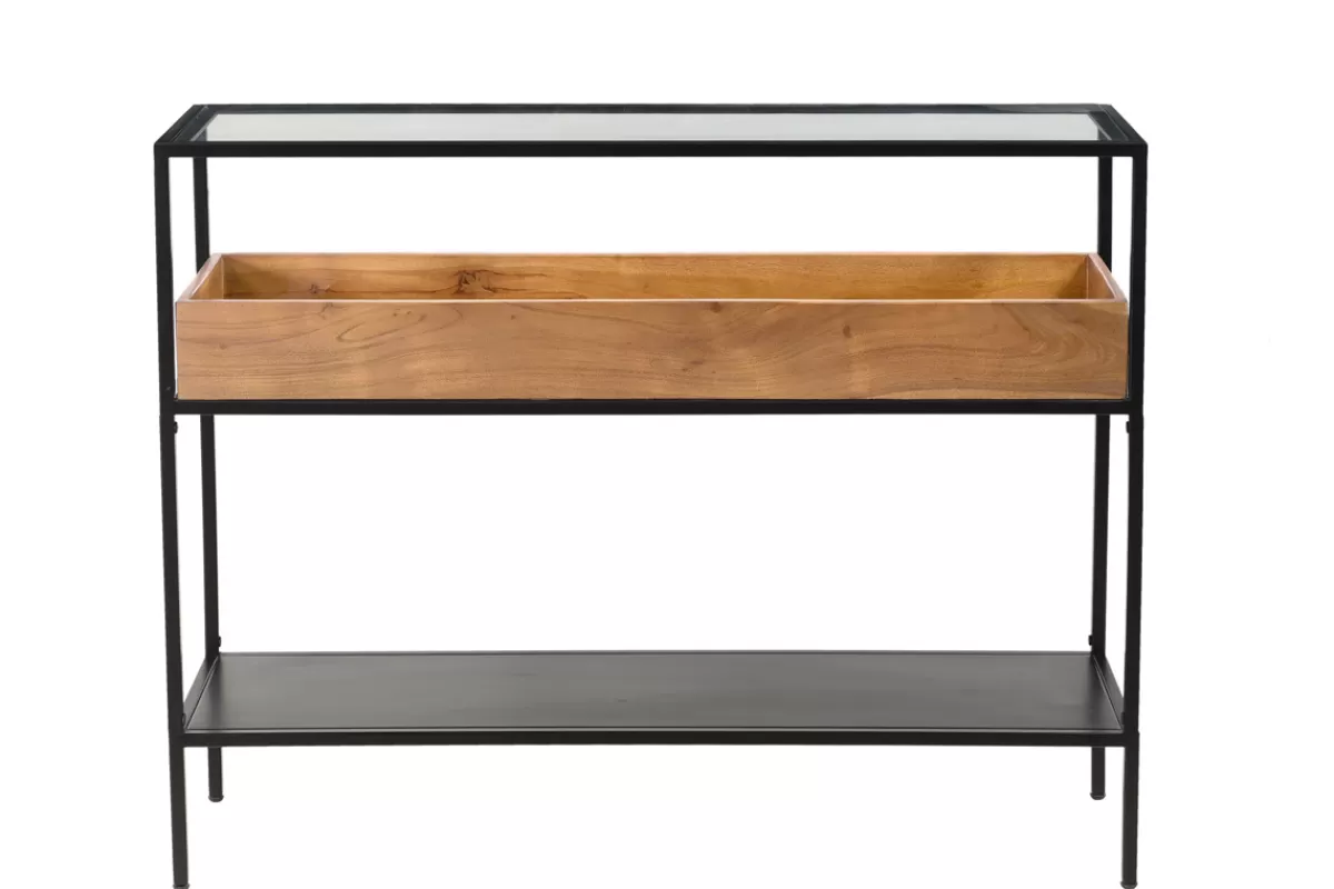 Miliboo Console avec plateau en verre, rangement en bois massif et métal noir L100 cm HAORA