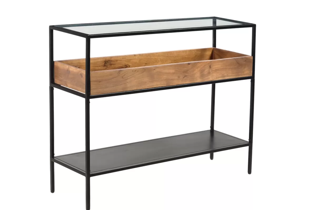 Miliboo Console avec plateau en verre, rangement en bois massif et métal noir L100 cm HAORA