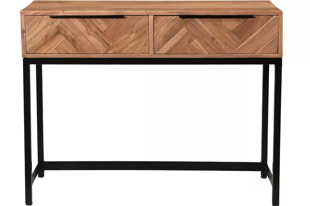 Miliboo Console avec rangement 2 tiroirs à motifs chevrons en bois massif et métal noir L100 cm STICK