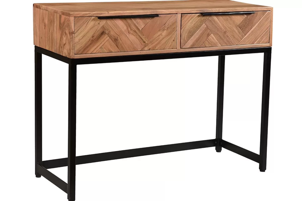 Miliboo Console avec rangement 2 tiroirs à motifs chevrons en bois massif et métal noir L100 cm STICK