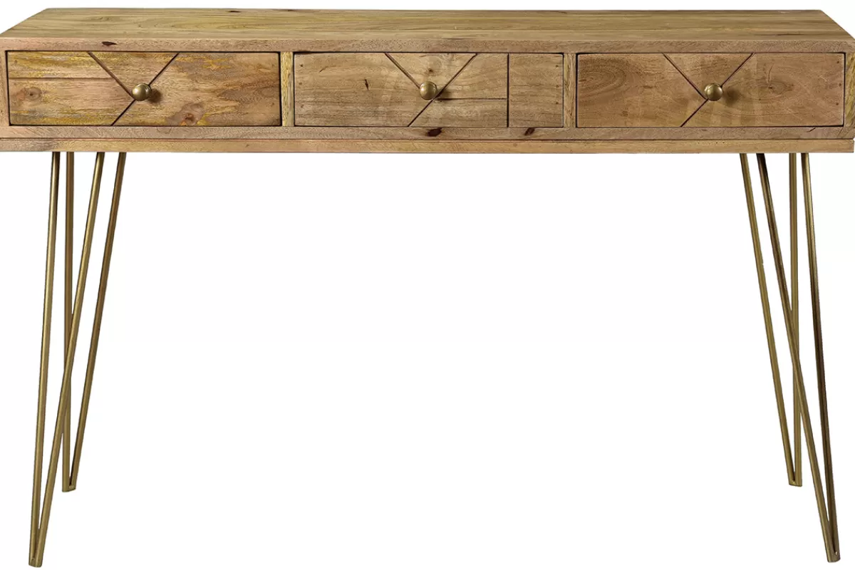 Miliboo Console avec rangements 3 tiroirs en bois manguier massif gravé et métal doré L120 cm LINIUM
