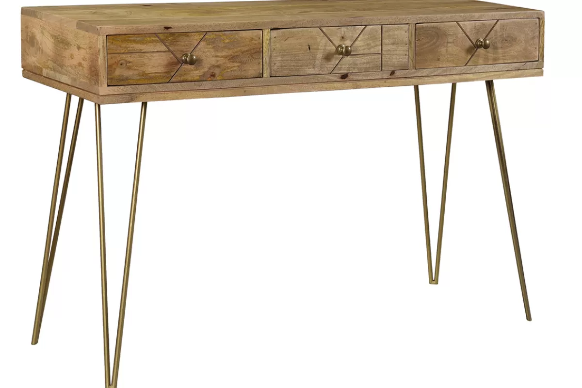 Miliboo Console avec rangements 3 tiroirs en bois manguier massif gravé et métal doré L120 cm LINIUM