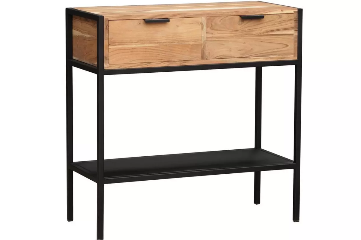 Miliboo Console avec rangements 2 tiroirs en bois massif et métal noir L80 cm ARTHUS
