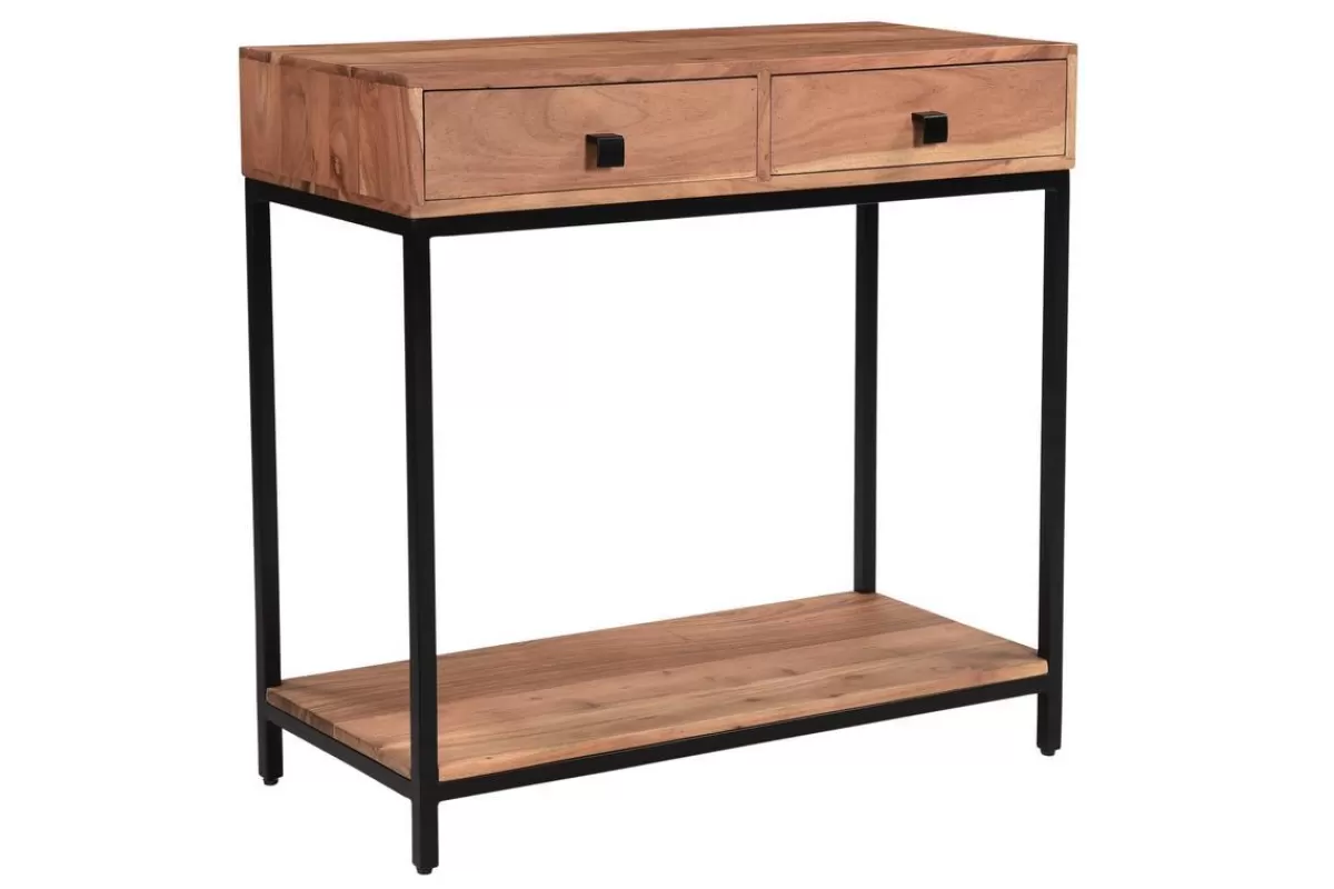 Miliboo Console avec rangements 2 tiroirs en bois massif et métal noir L80 cm AXELLE