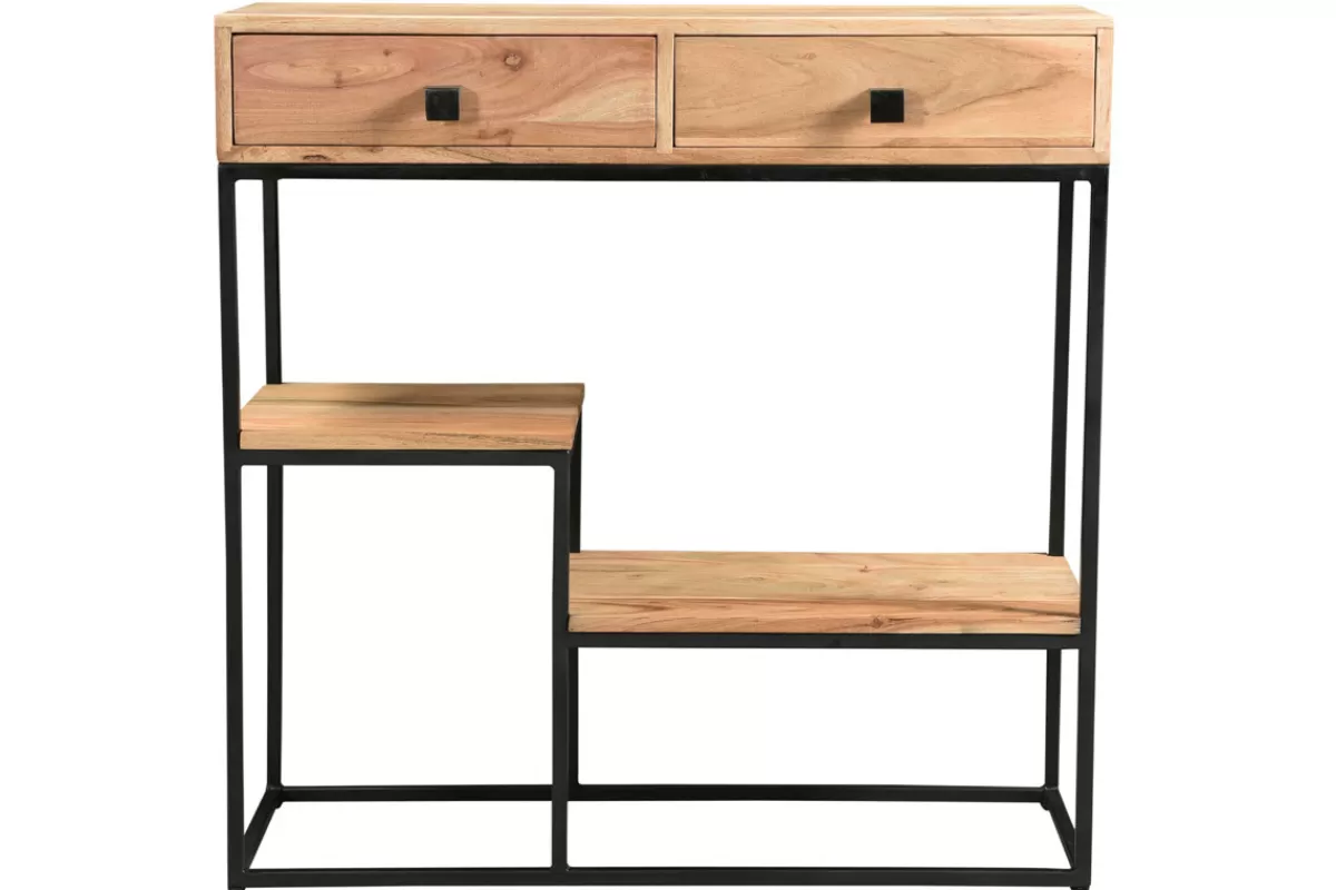 Miliboo Console avec rangements 2 tiroirs en bois massif et métal noir L80 cm GRENELLE