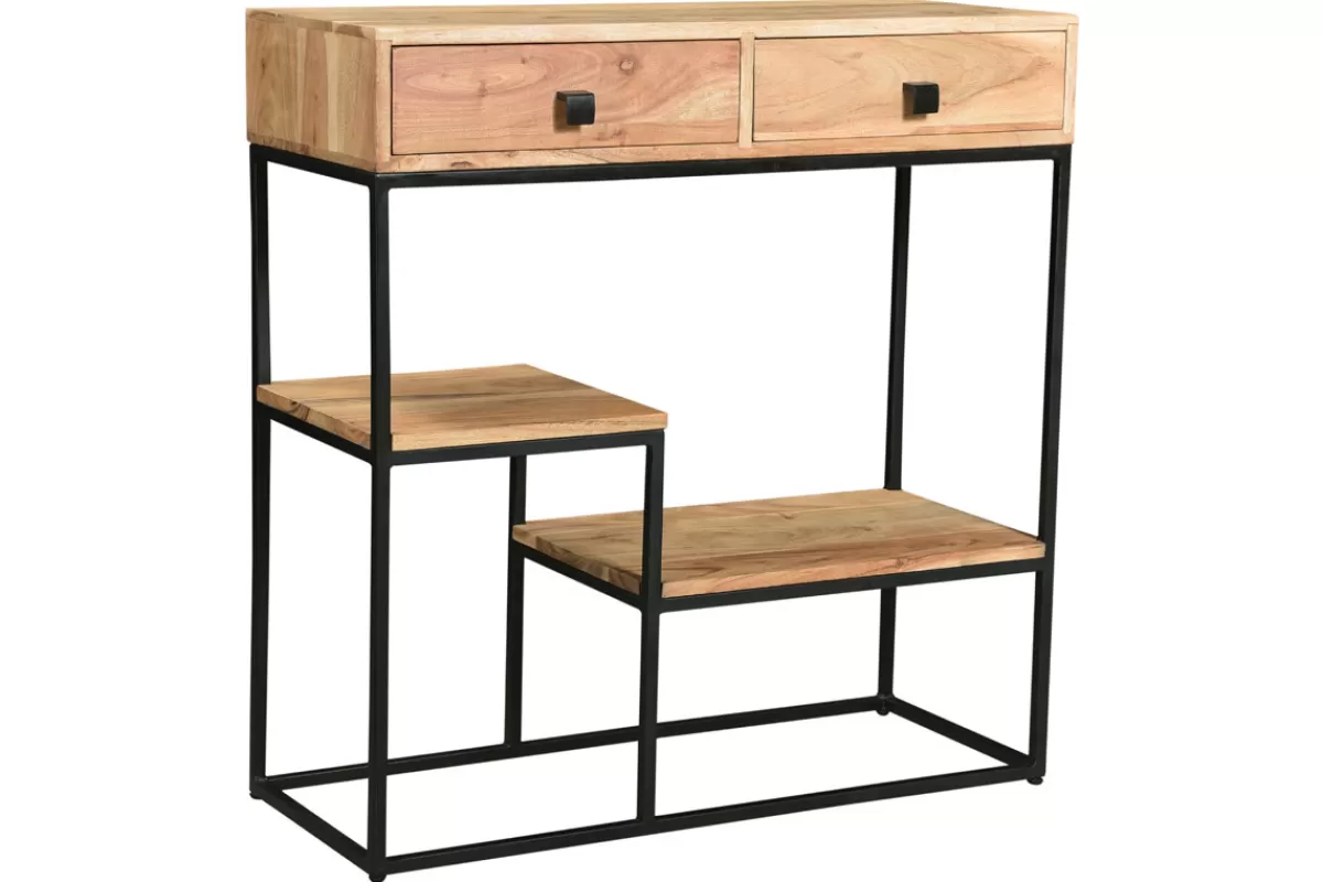 Miliboo Console avec rangements 2 tiroirs en bois massif et métal noir L80 cm GRENELLE