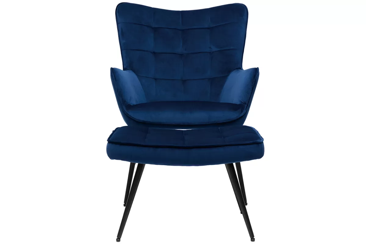 Miliboo Fauteuil avec repose-pieds design en tissu velours bleu foncé et métal noir MOOD