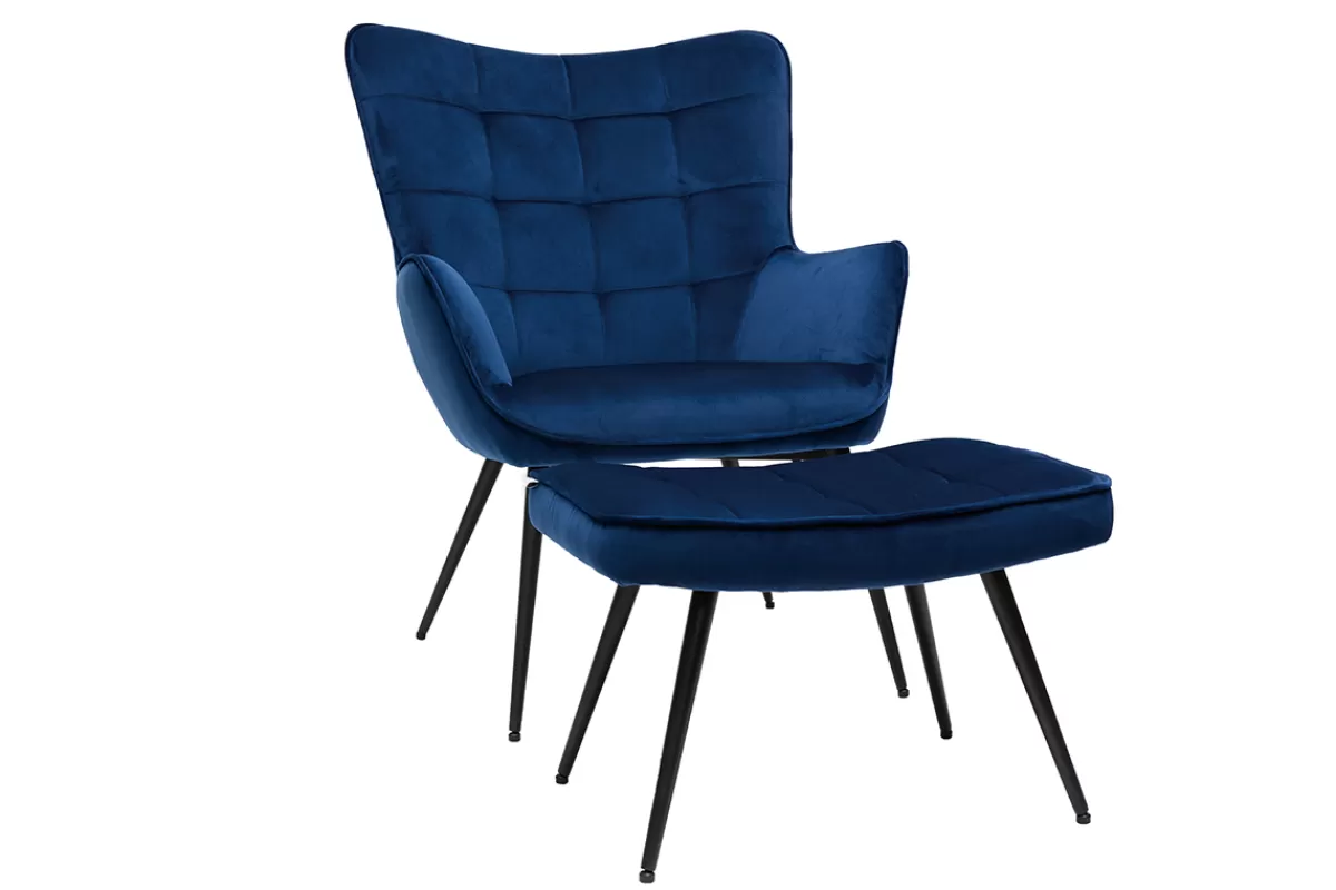 Miliboo Fauteuil avec repose-pieds design en tissu velours bleu foncé et métal noir MOOD