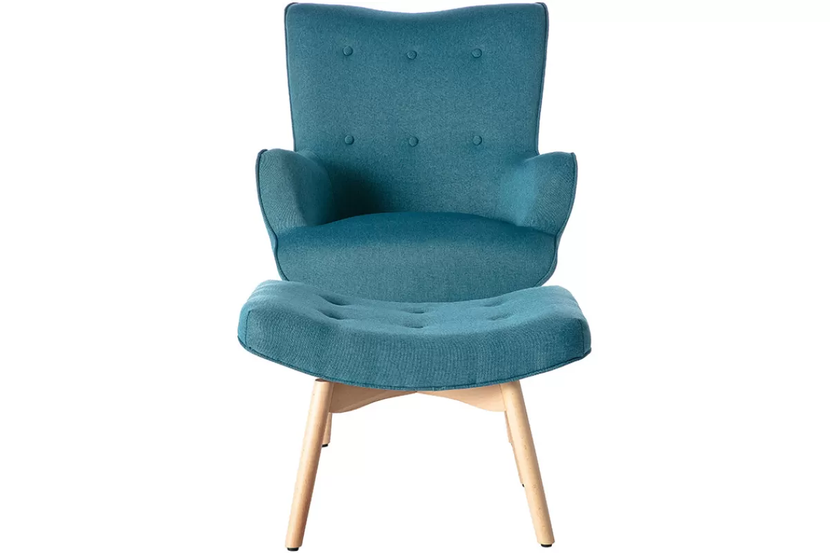 Miliboo Fauteuil avec repose-pieds scandinave en tissu bleu canard et bois clair BRISTOL