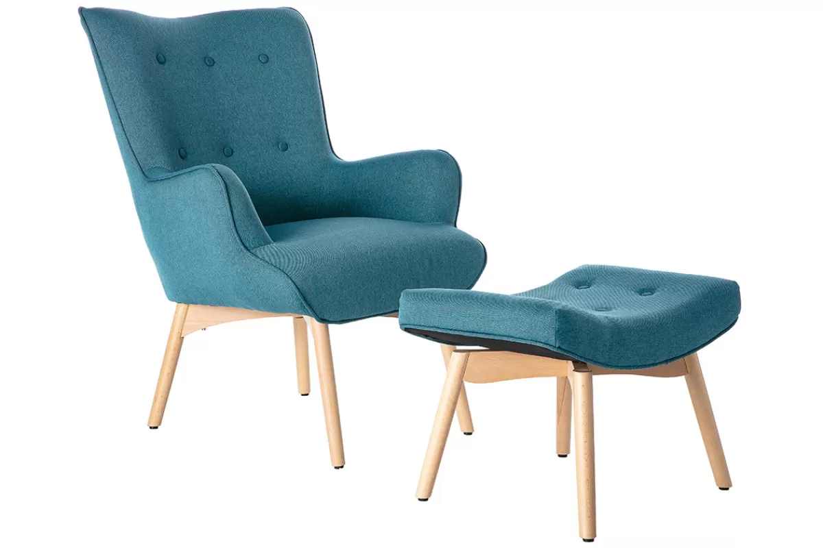 Miliboo Fauteuil avec repose-pieds scandinave en tissu bleu canard et bois clair BRISTOL