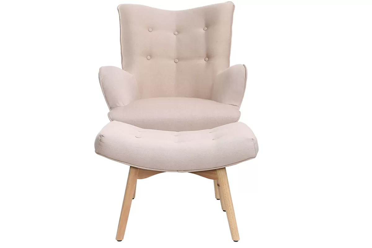 Miliboo Fauteuil avec repose-pieds scandinave en tissu rose poudré et bois clair BRISTOL